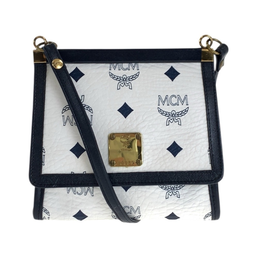 MCM Visetos White Navy Gold Hardware Leather Shoulder Bag Pouch for Women